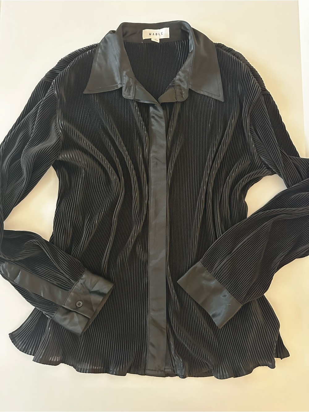 Mable Pleated Button Down Blouse Size Medium Long Sleeve Collared Black Top